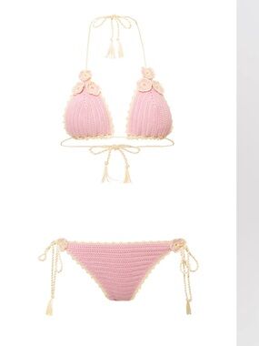 Pink Crochet Tie-String Bikini Set with Cream Trim